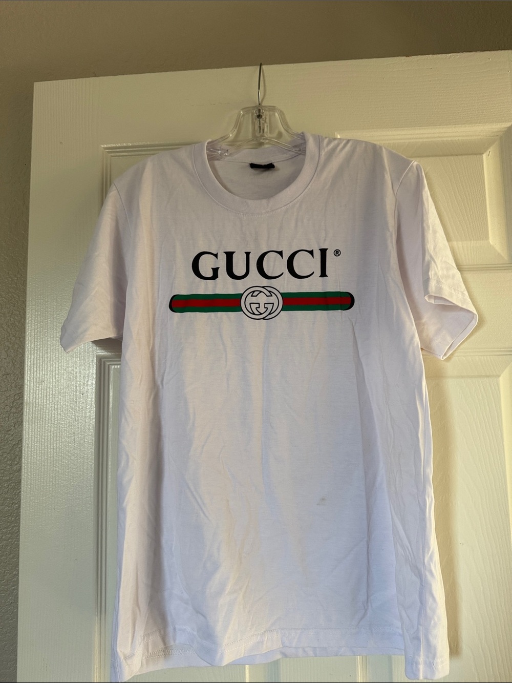 Gucci White T-Shirt with Black Logo and Green-Red Stripe